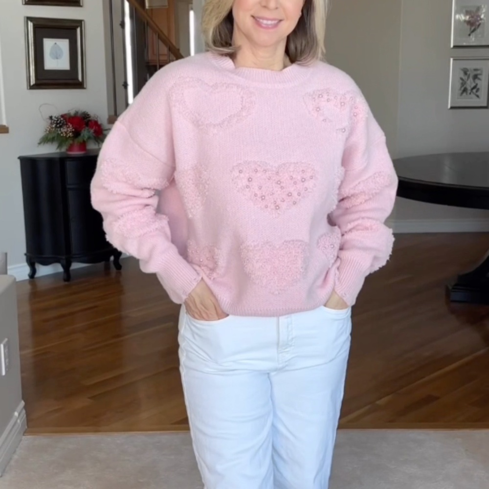 Chicwish -Valentines  PEARL TRIM HEART JACQUARD OVERSIZED KNIT SWEATER IN PINK